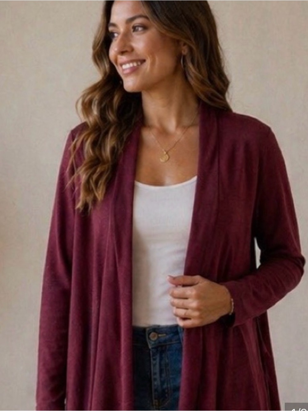 Eileen Fisher Petite Merino Wool Open Front Cardigan PM Burgundy Red